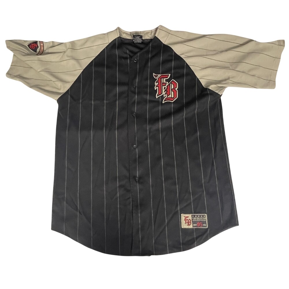 Vintage Fubu Sports Collection Jersey Men XL Black Beige Pinstripe Baseball Y2K